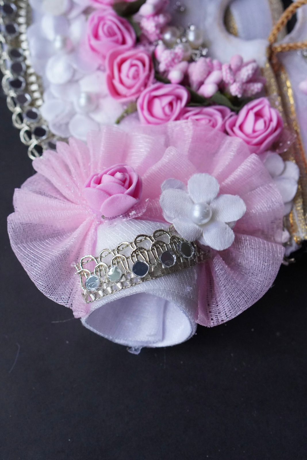 Laddu Gopal Poshak with Murli + Pagdi | White with Pink Flower Sharad Purnima Dress