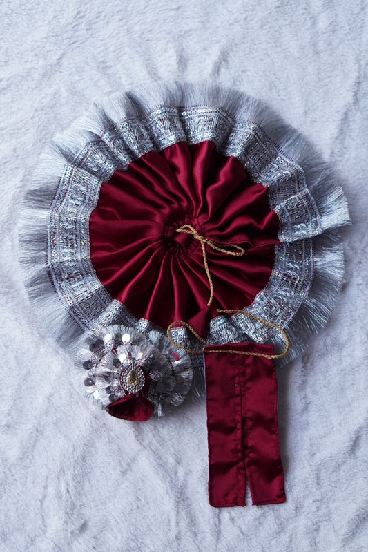 MAROON SATIN BROAD SILVER LACE POSHAK  // WITH PAGDI // 100% WASHABLE DRESS