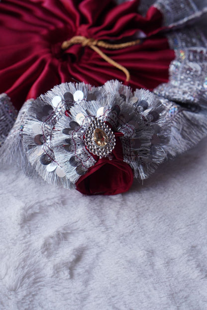 MAROON SATIN BROAD SILVER LACE POSHAK  // WITH PAGDI // 100% WASHABLE DRESS