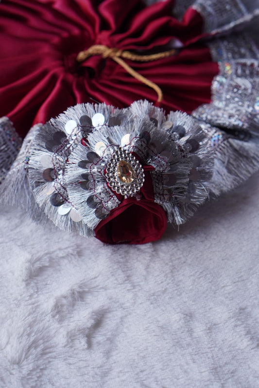 MAROON SATIN BROAD SILVER LACE POSHAK  // WITH PAGDI // 100% WASHABLE DRESS