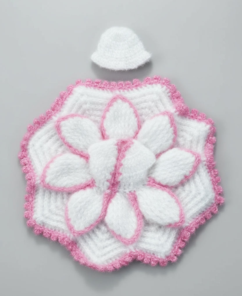 WHITE LEAVES WITH PINK BORDER  KNITTED//WINTER WOOLEN POSHAK//WITH CAP