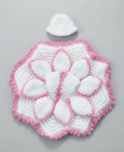 WHITE LEAVES WITH PINK BORDER  KNITTED//WINTER WOOLEN POSHAK//WITH CAP