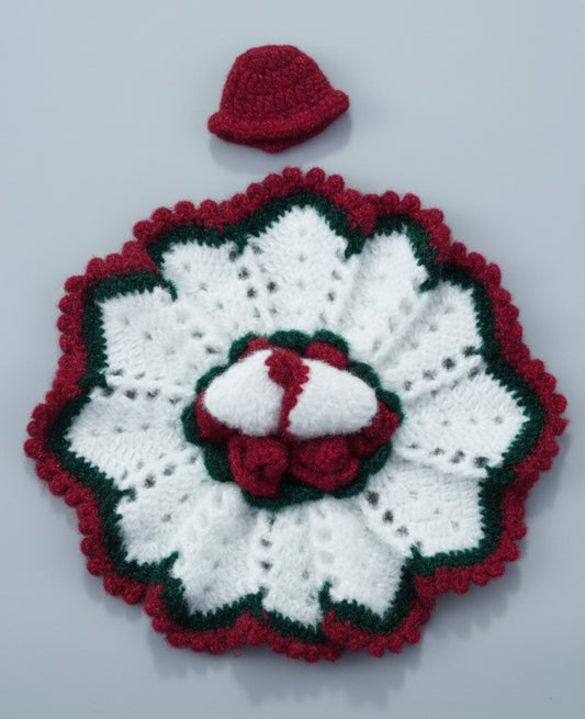 WHITE POSHAK WITH MAHROON BORDER KNITTED//WINTER WOOLEN POSHAK//WITH CAP