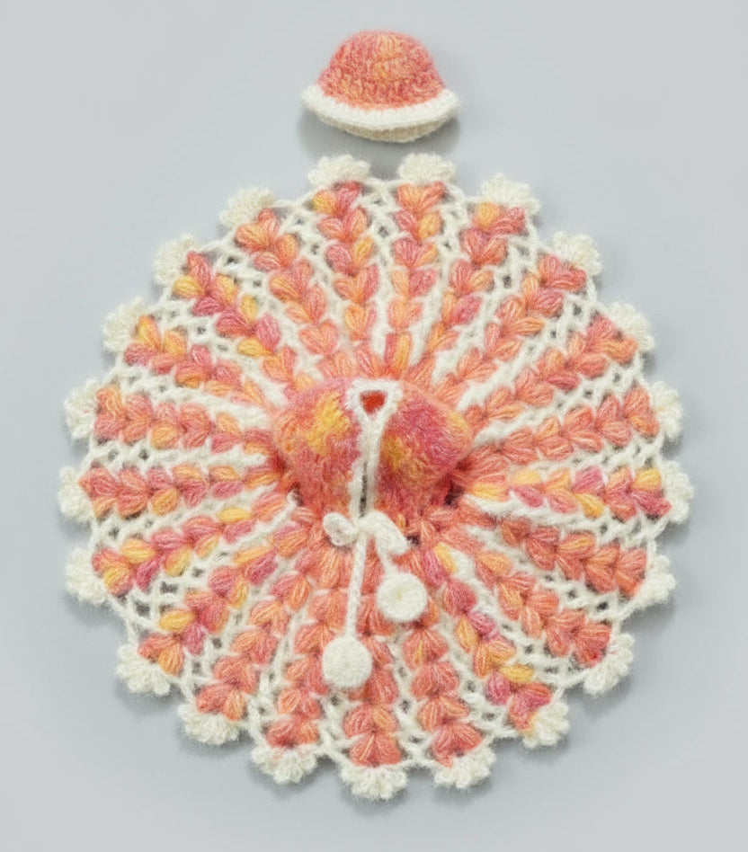 ORANGE WITH CREAM WOOLEN  KNITTED//WINTER WOOLEN POSHAK//WITH CAP