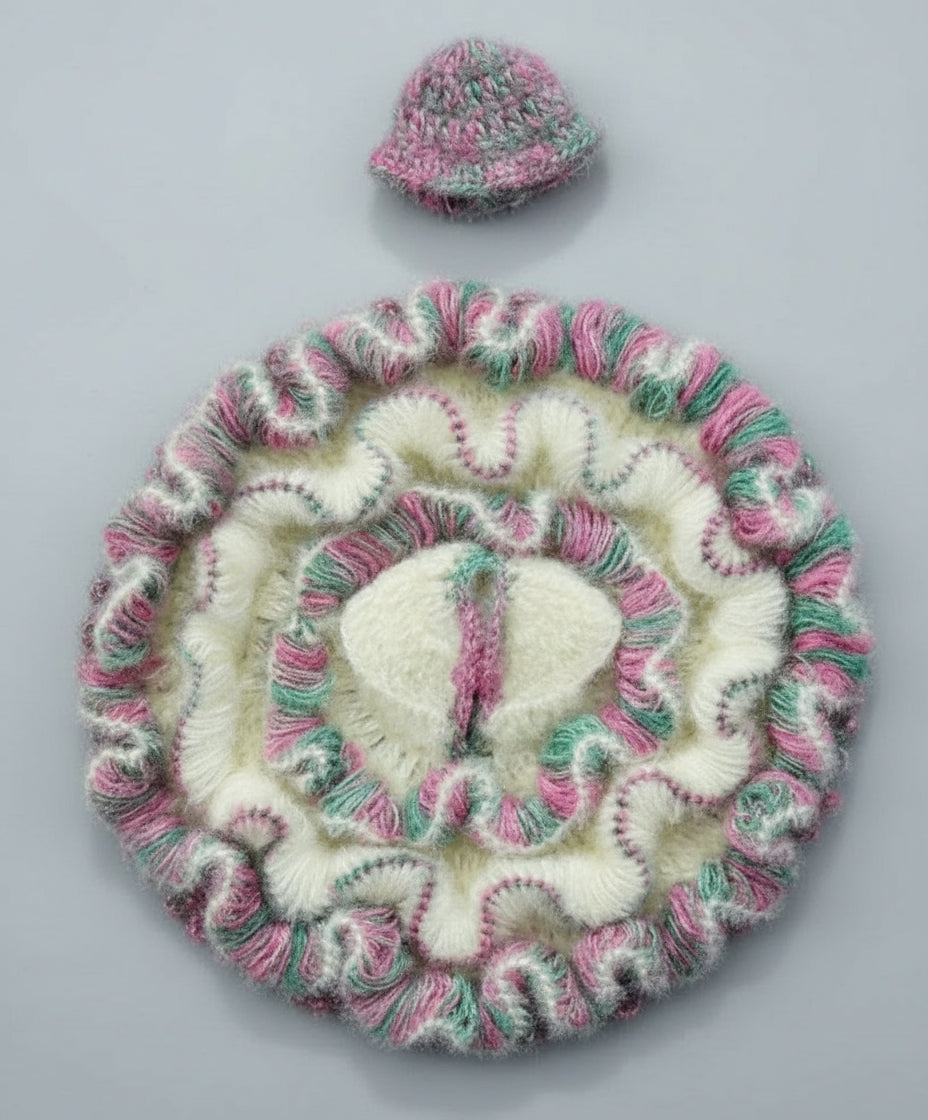 Knitted hat and coaster set with pink and green patterns on a gray background