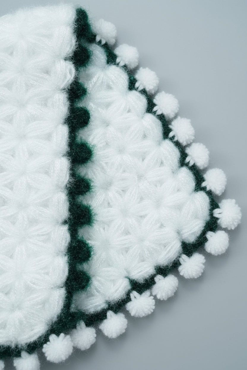 HAND KNITTED PREMIUM WHITE SHAWAL WITH DARK GREEN BORDER//FOR ALL SIZES GOPAL JI