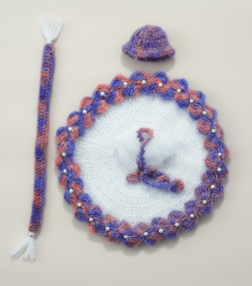 MULTI COLOUR FLOWER BORDER WHITE POSHAK// WITH MUFFLAR AND CAP//HAND KNITTDE WINTER WOOLEN POSHAK