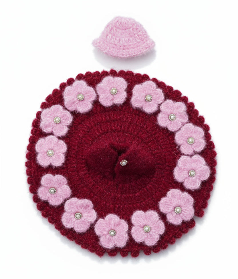 MEHROON POSHAK WITH LIGHT PINK FLOWER IN BORDER//HAND KNITTED WINTER POSHAK//WITH CAP