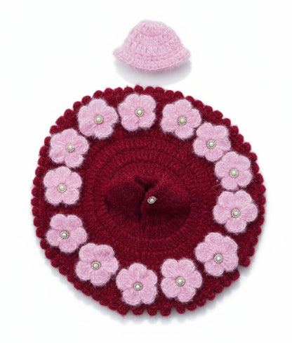 MEHROON POSHAK WITH LIGHT PINK FLOWER IN BORDER//HAND KNITTED WINTER POSHAK//WITH CAP