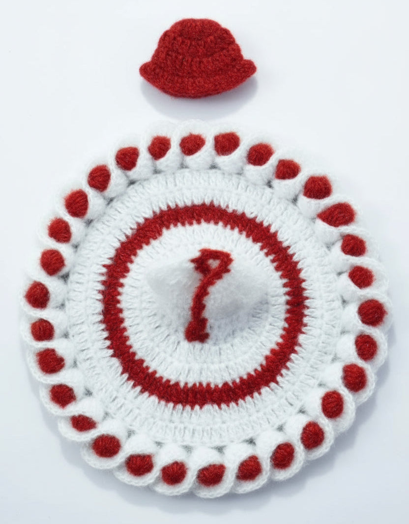 WHITE KNITTED POSHAK WITH RED SIDE FRILL // WINTER WOOLEN POSHAK// WITH CAP