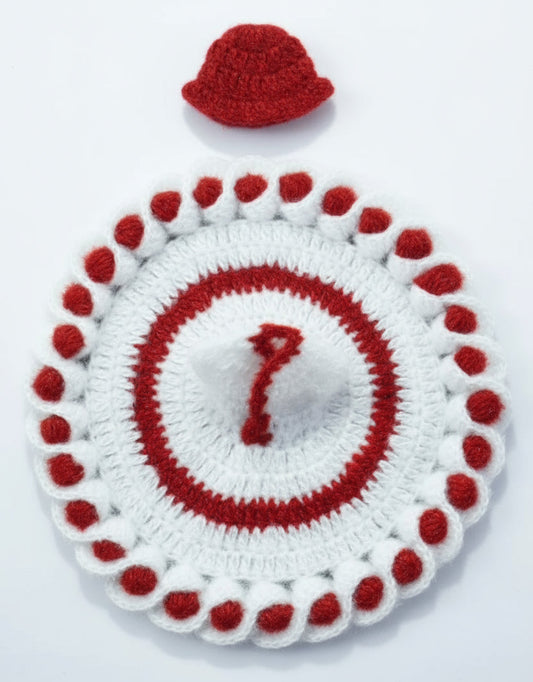 WHITE KNITTED POSHAK WITH RED SIDE FRILL // WINTER WOOLEN POSHAK// WITH CAP