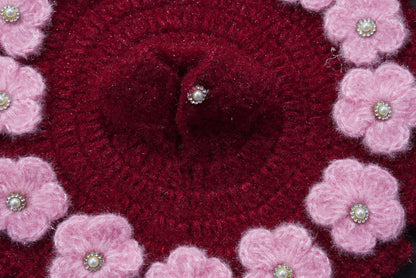 MEHROON POSHAK WITH LIGHT PINK FLOWER IN BORDER//HAND KNITTED WINTER POSHAK//WITH CAP