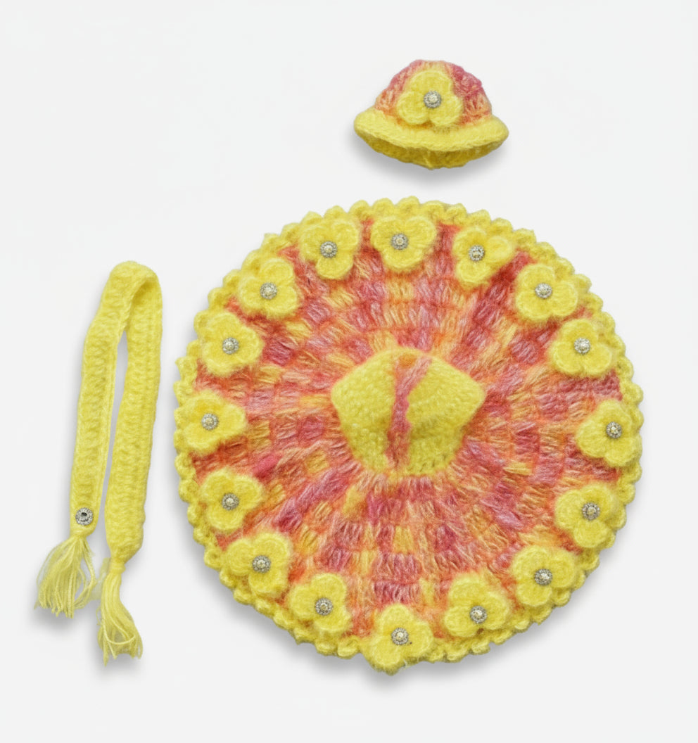 ORANGE COLOUR POSHAK WITH YELLOW FLOWER BORDER //WITH MUFFLAR AND CAP//KNITTED WOOLEN POSHAK