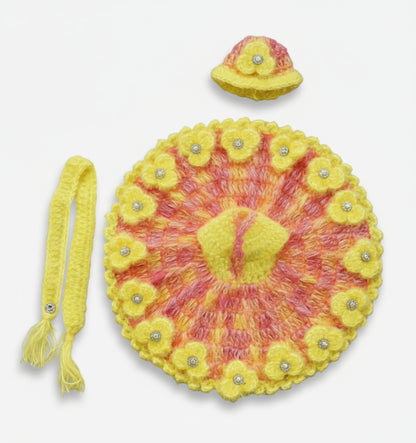 ORANGE COLOUR POSHAK WITH YELLOW FLOWER BORDER //WITH MUFFLAR AND CAP//KNITTED WOOLEN POSHAK