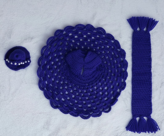 ROYAL BLUE HAND KNITTED WOOLEN POSHAK WITH WHITE PEARL WARM CAP & PATKA