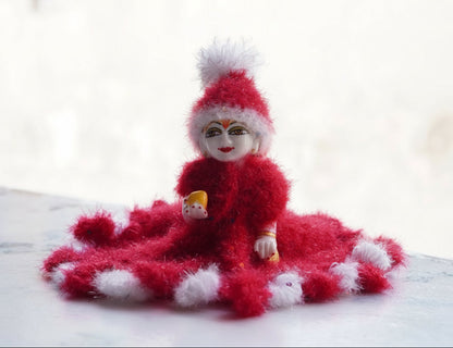 RED&WHITE WOOLEN HAND KNITTED POSHAK WITH WARM CAP