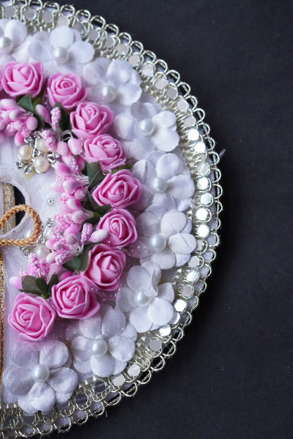 Laddu Gopal Poshak with Murli + Pagdi | White with Pink Flower Sharad Purnima Dress