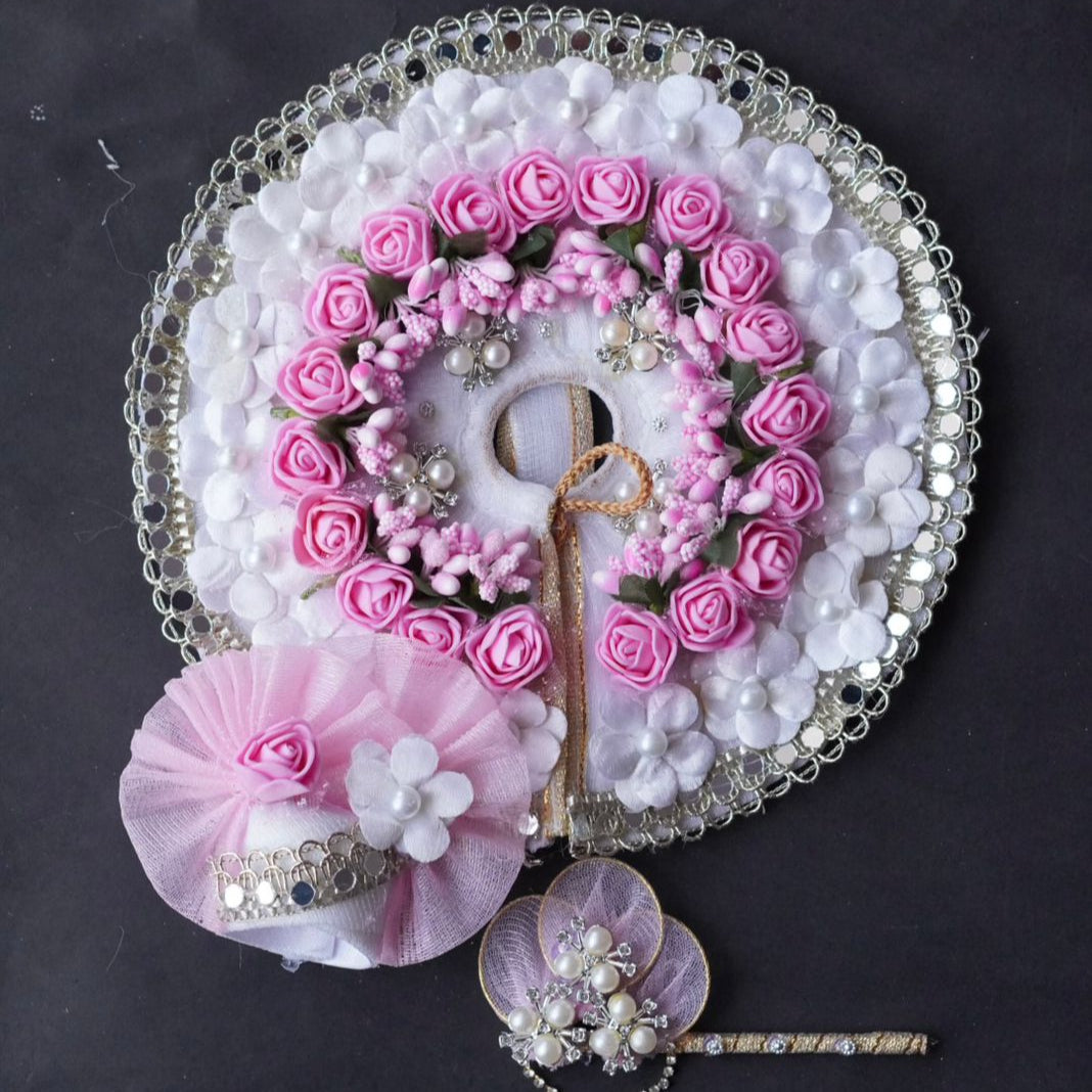 Laddu Gopal Poshak with Murli + Pagdi | White with Pink Flower Sharad Purnima Dress