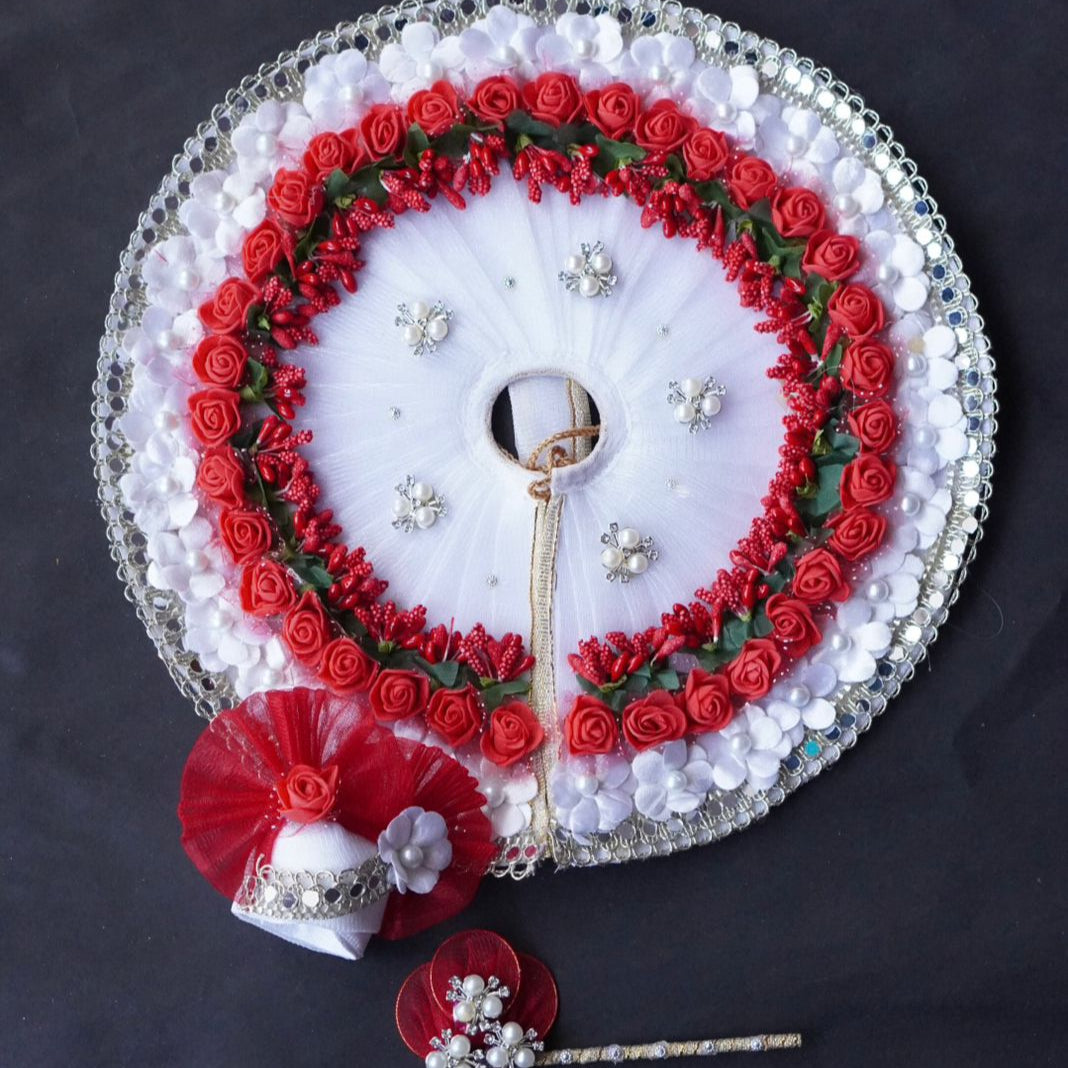 Laddu Gopal Poshak with Murli Pagdi | White with Red Flower Sharad Purnima Dress