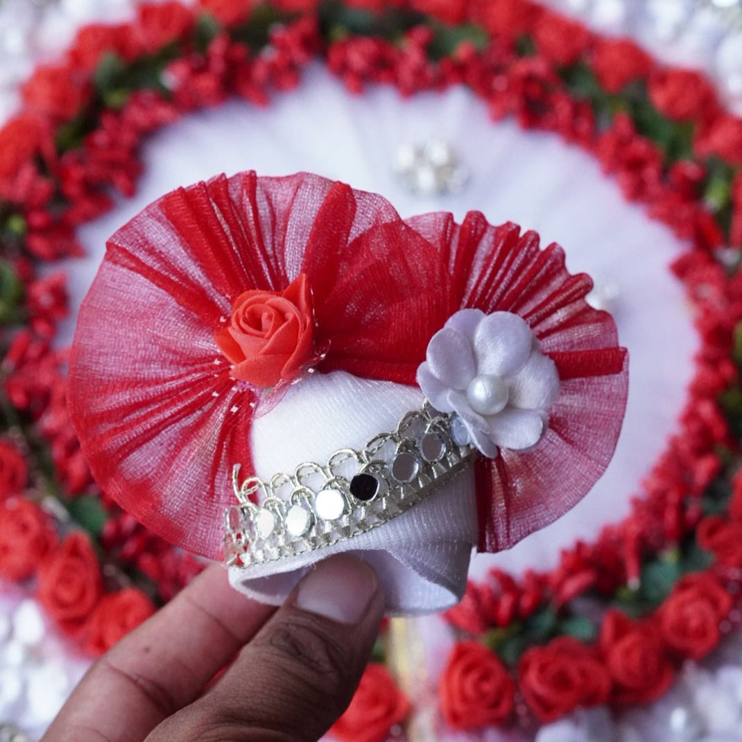 Laddu Gopal Poshak with Murli Pagdi | White with Red Flower Sharad Purnima Dress